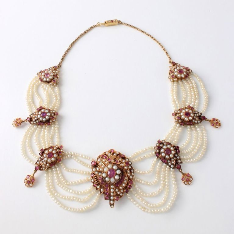 14k Yellow Gold Pearl and Ruby Necklace