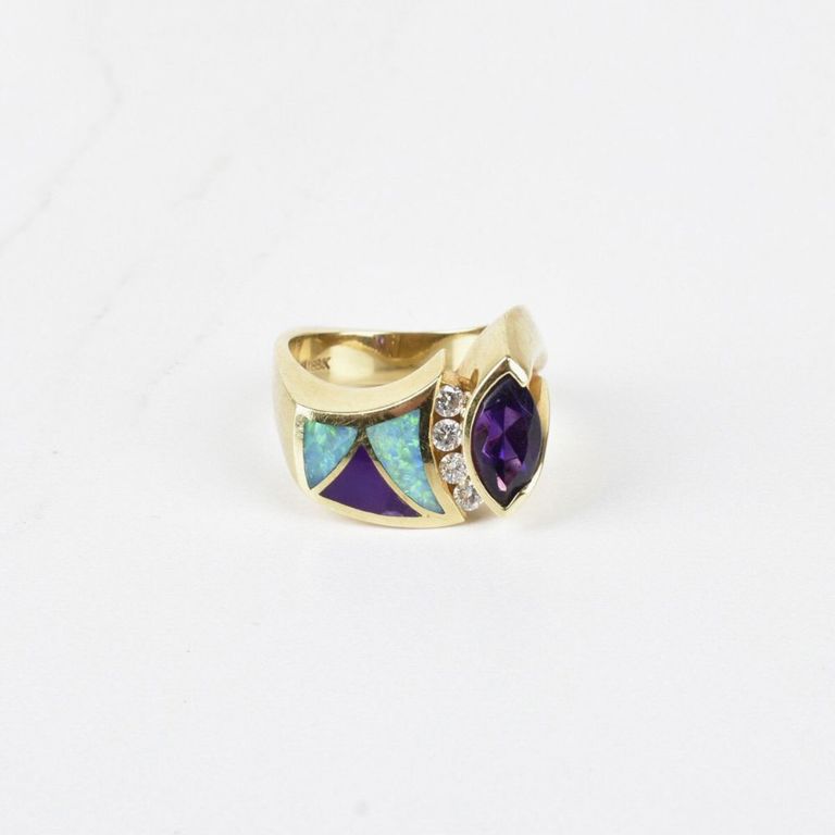 18k Yellow Gold Amethyst, Diamond and Opal Ring