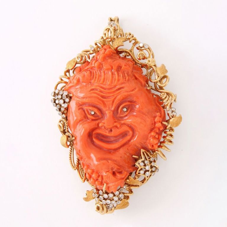 18k Gold Coral and Diamond Bacchus Pendant/Brooch