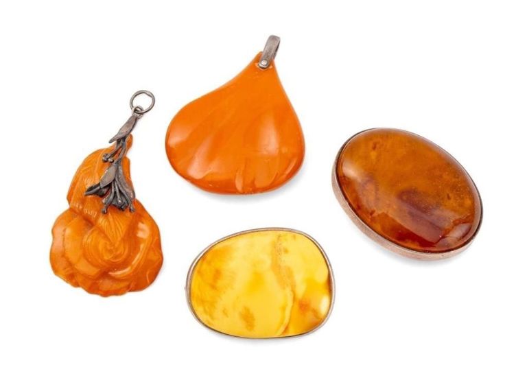 Set of 4 Silver Amber Brooches and Pendants