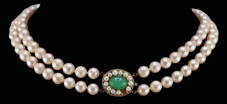14k Gold Pearl and Jade Necklace