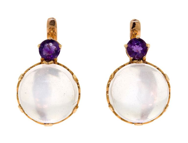 18k Gold Moonstone and Amethyst Earrings