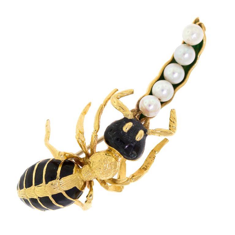 18k Gold Enamel and Pearl Brooch