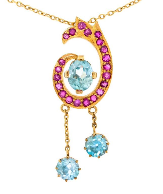 18k Gold Ruby and Zircon Pendant Necklace
