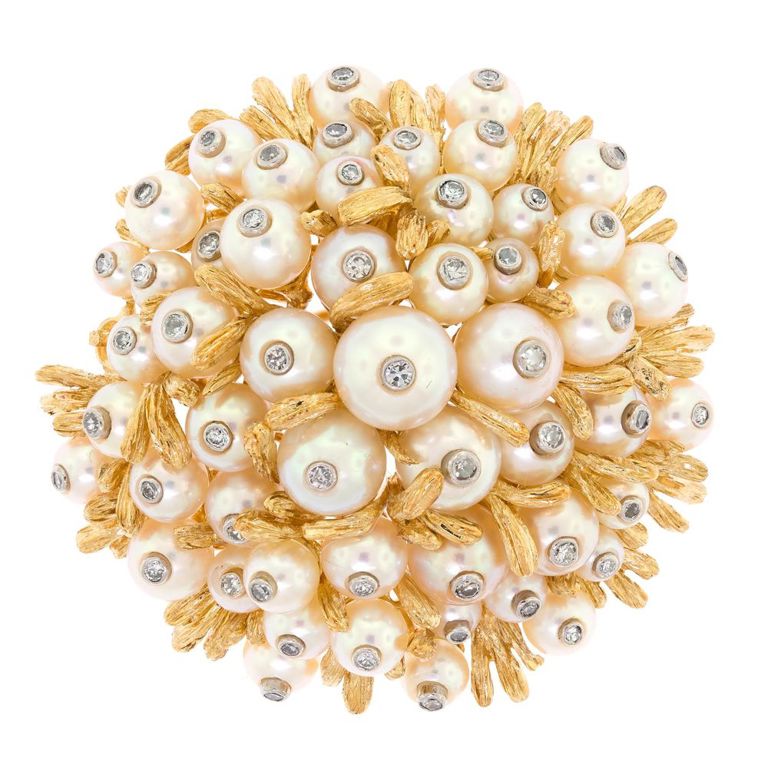 18k Gold Pearl and Diamond Brooch