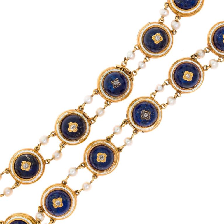 Set of Lapis Diamond Pearl Bracelet/Necklace