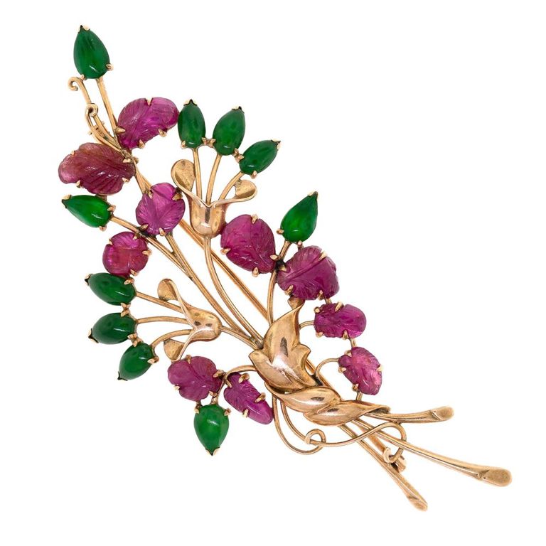 14k Gold Ruby and Jade Brooch