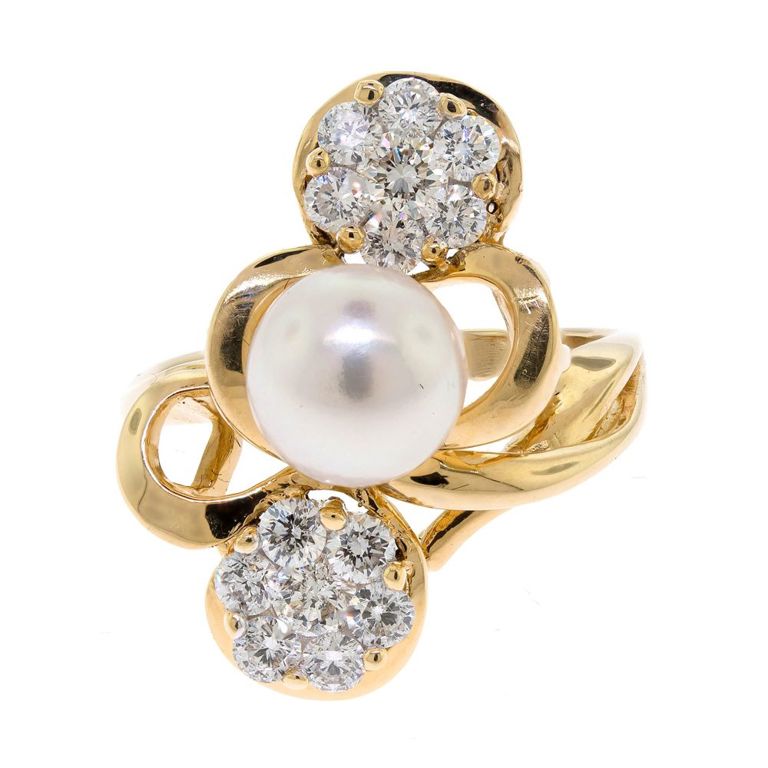 14k Gold Pearl and Diamond Ring