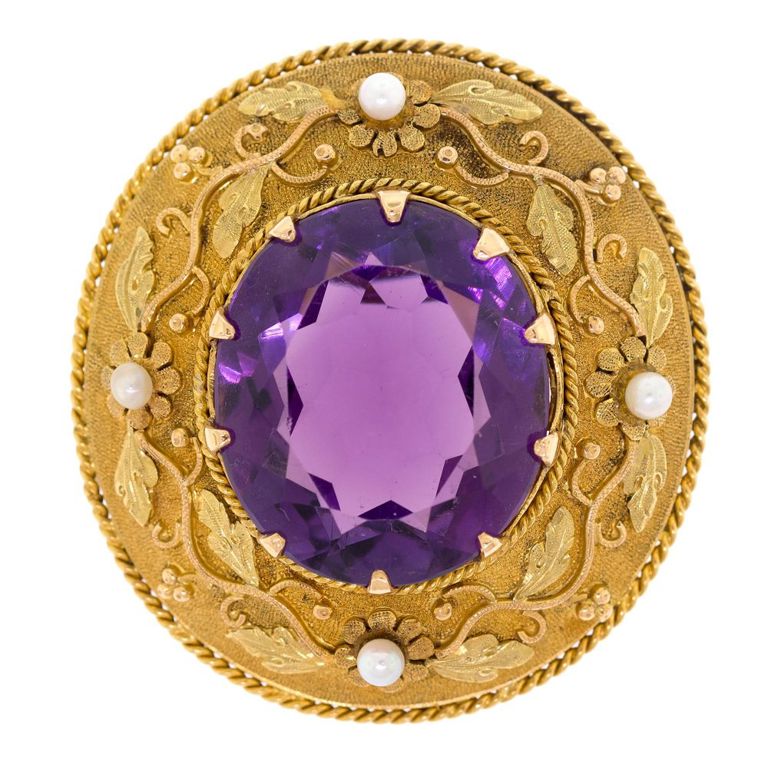 18k Gold Amethyst and Pearl Brooch