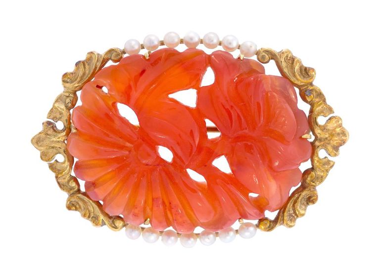 14k Gold Carnelian and Pearl Brooch
