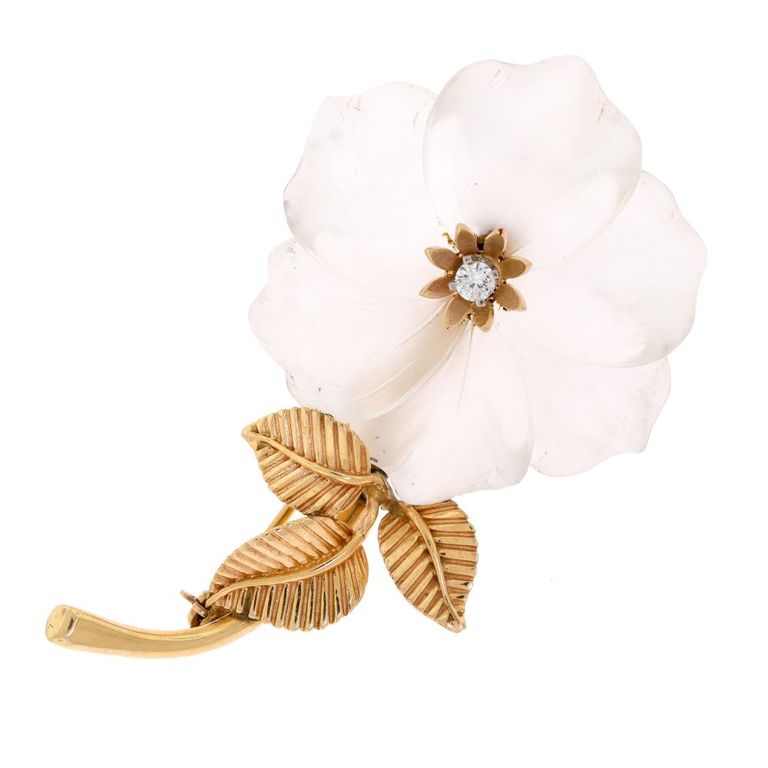 14k Gold Rock Crystal and Diamond Brooch