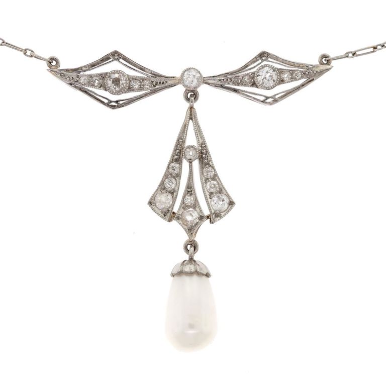 Platinum Diamond and Pearl Pendant Necklace