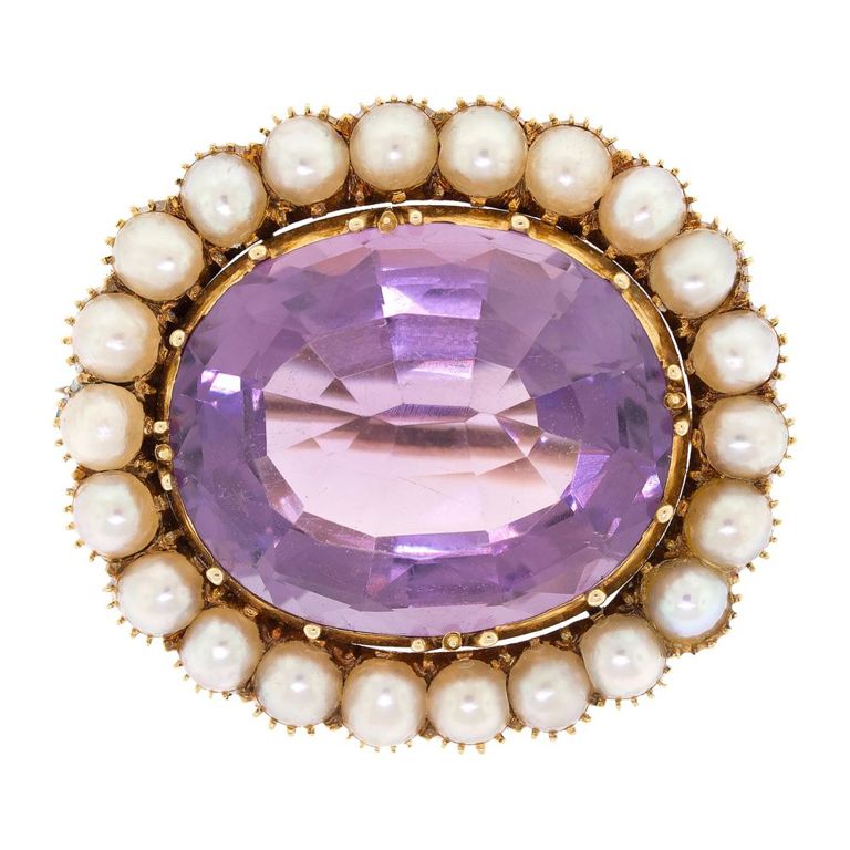14k Gold Amethyst and Pearl Brooch