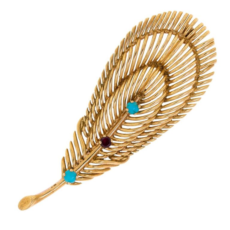 18k Gold Ruby and Turquoise Brooch