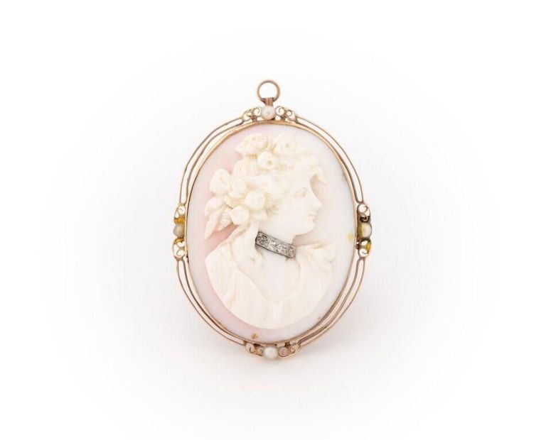 14k Yellow Gold Cameo and Diamond Brooch