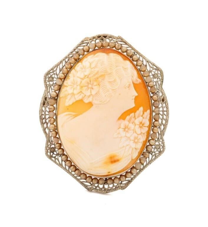 14k Gold Shell Cameo and Pearl Brooch/Pendant