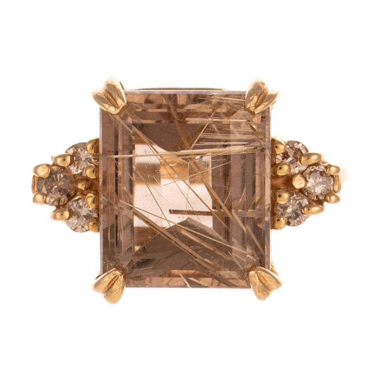 14k Yellow Gold Rutilated Quartz and Diamond Ring