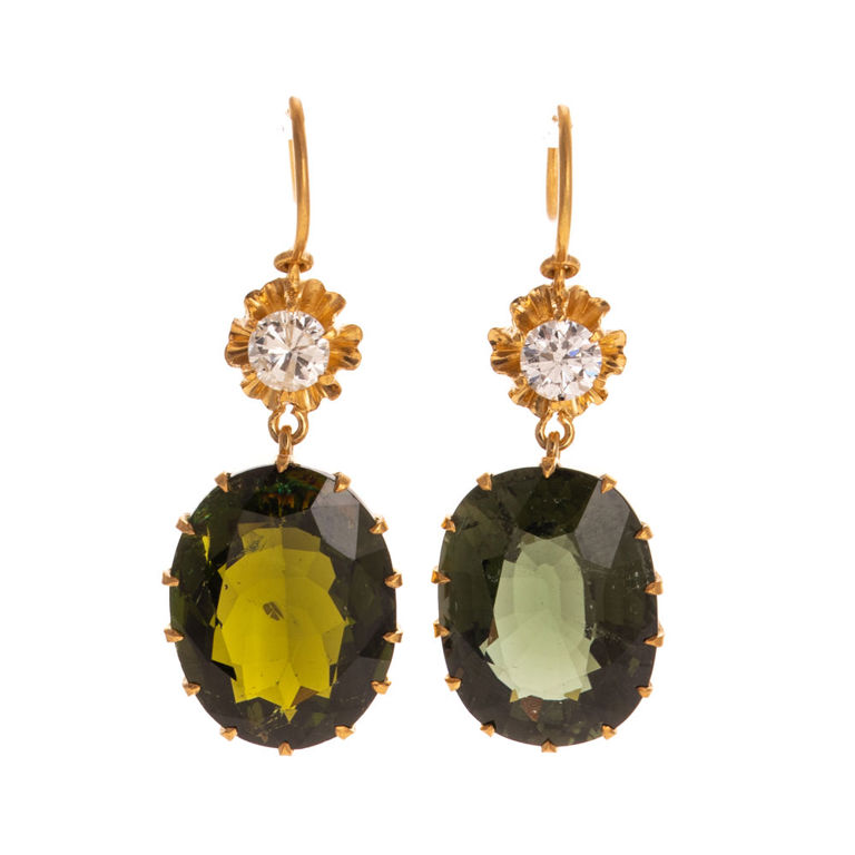 18k Gold Tourmaline and Diamond Dangle Earrings