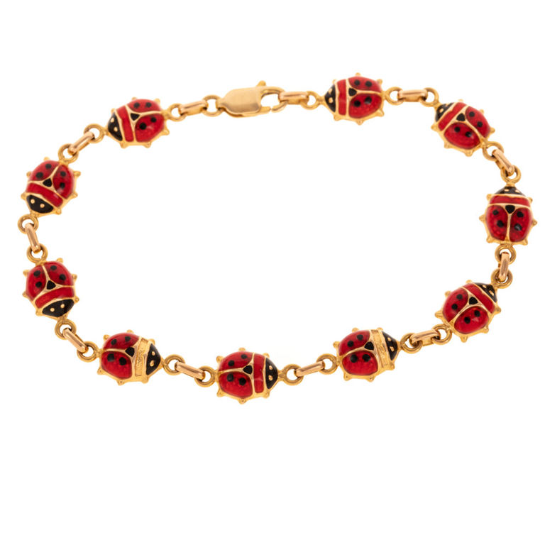 14k Yellow Gold and Enamel Ladybug Link Bracelet