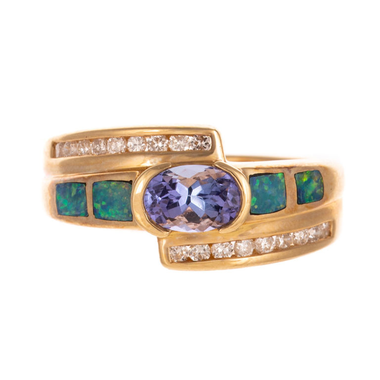 14k Yellow Gold Tanzanite, Diamond and Opal Ring