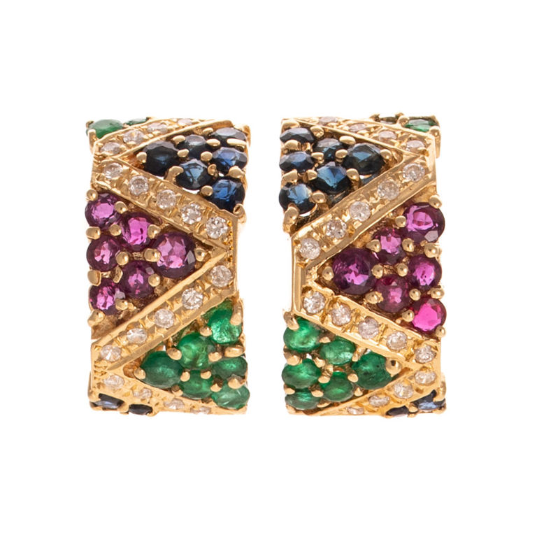 14k Yellow Gold Gem-Set Half Hoop Earrings