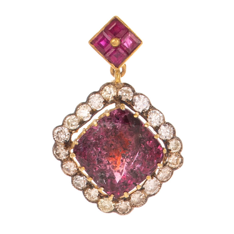 Silver and 14k Gold Ruby and Diamond Pendant