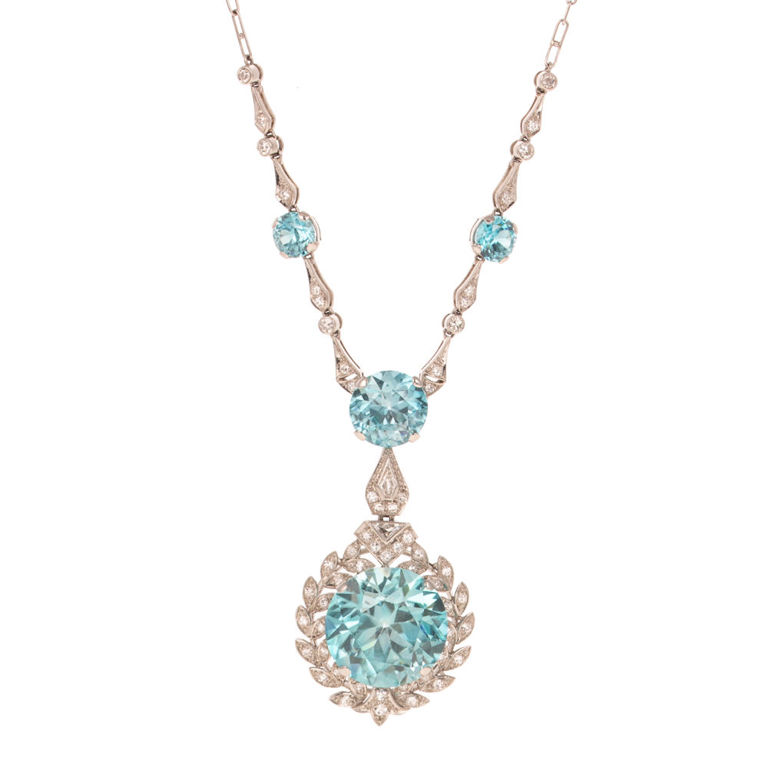 14k White Gold Zircon and Diamond Pendant Necklace