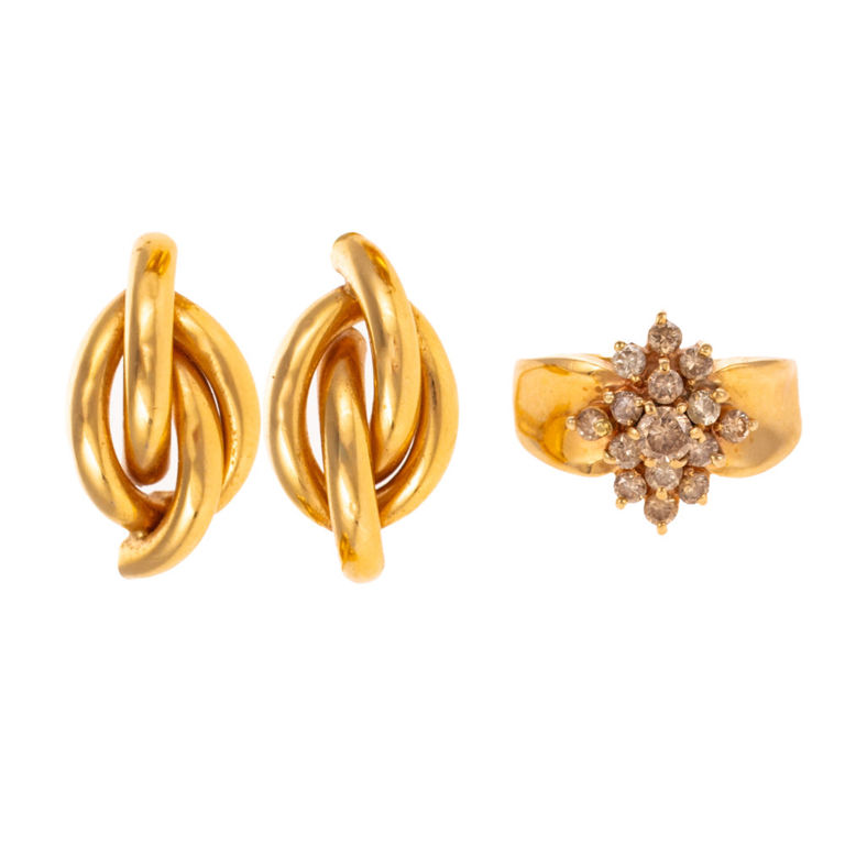 14k Yellow Gold Diamond Ring and Earrings
