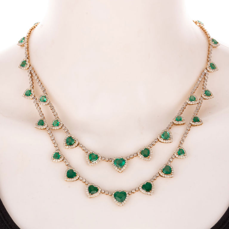 14k Yellow Gold Emerald and Diamond Bib Necklace