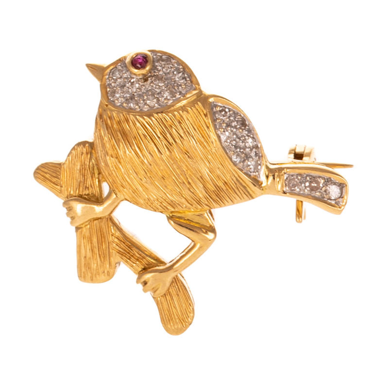 18k Yellow Gold Diamond and Ruby Bird Brooch