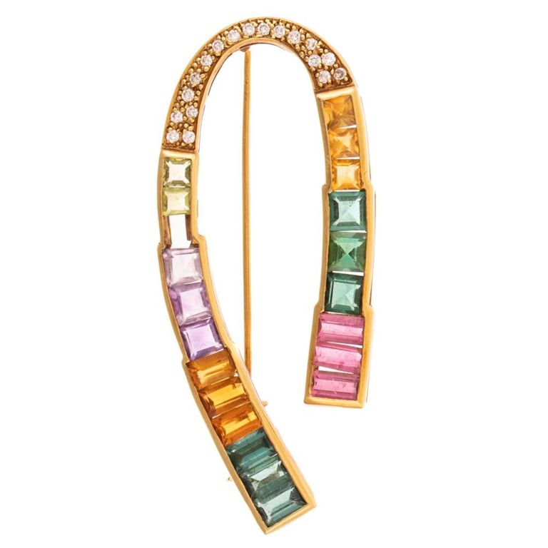 18k Yellow Gold Multi-Gemstone Horseshoe Brooch