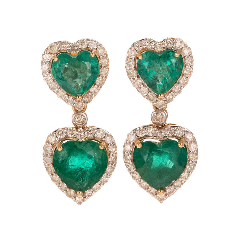 14k Gold Emerald and Diamond Dangle Earrings