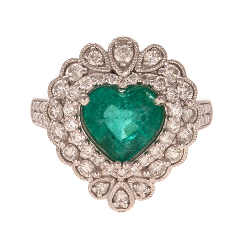 Platinum Emerald and Diamond Halo Ring