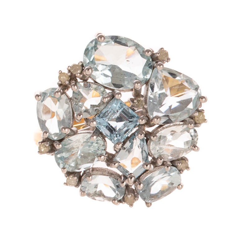 14k Gold and Silver Aquamarine and Diamond Ring