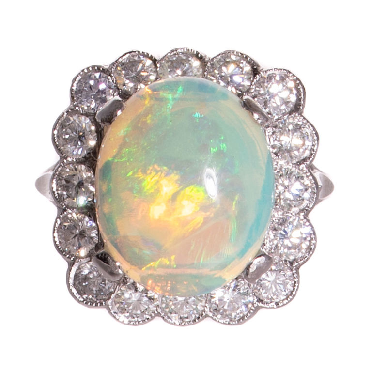18k White Gold Opal and Diamond Halo Ring