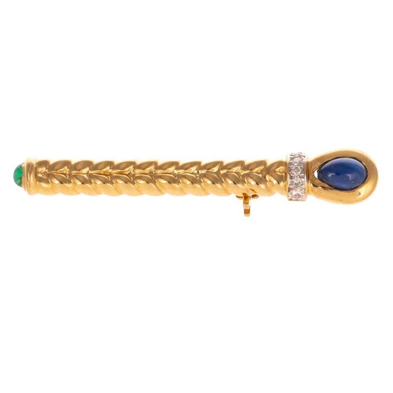 18k Gold Sapphire, Diamond and Emerald Bar Brooch