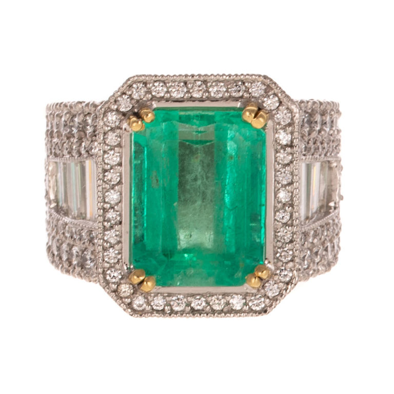Platinum and 18k Gold Emerald and Diamond Ring