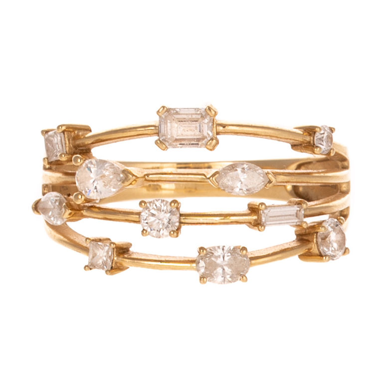 14k Yellow Gold Diamond Four Row Ring