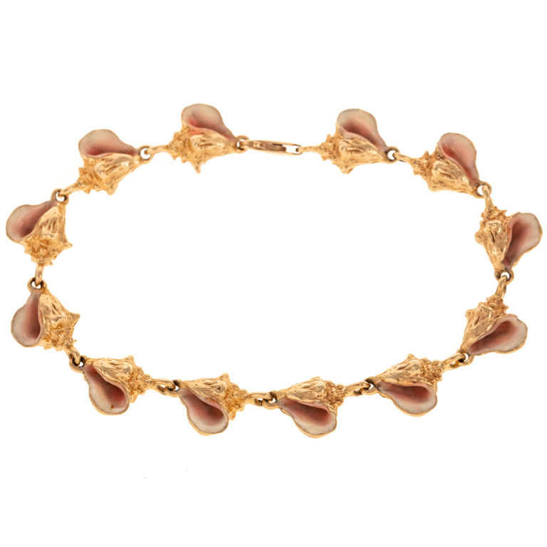 14k Gold Enamel and Conch Shell Link Bracelet
