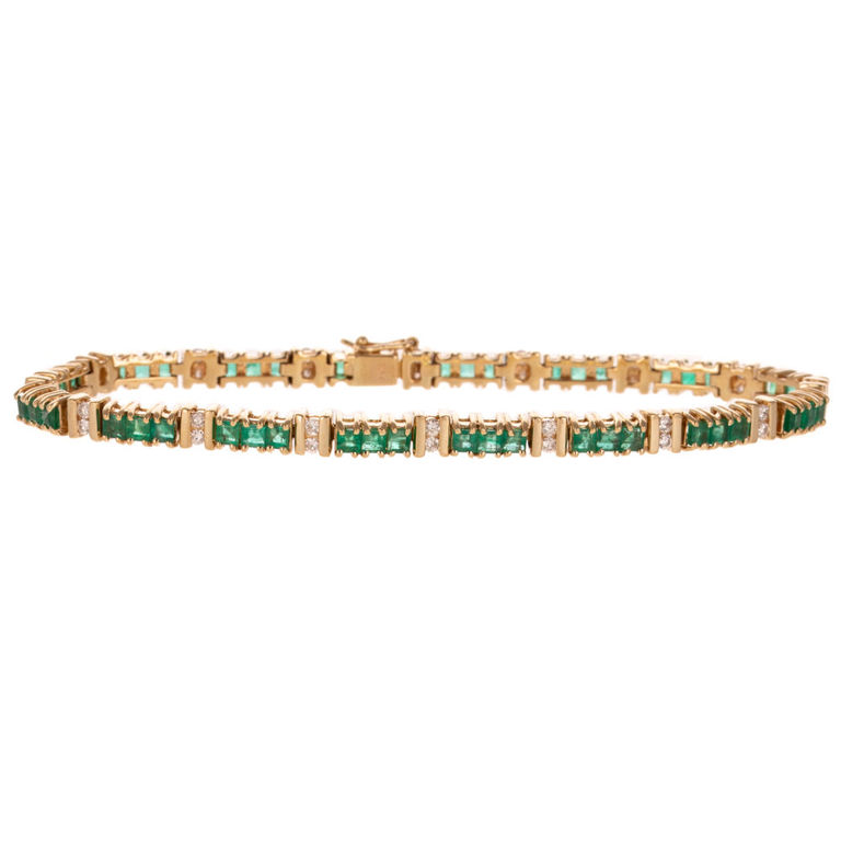 14k Yellow Gold Emerald and Diamond Line Bracelet