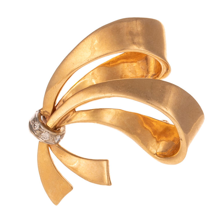 14k Yellow Gold Diamond Ribbon Brooch
