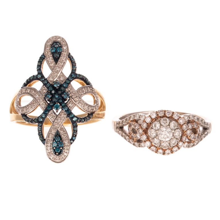 Two 14k Gold Diamond Diamond Cocktail Rings