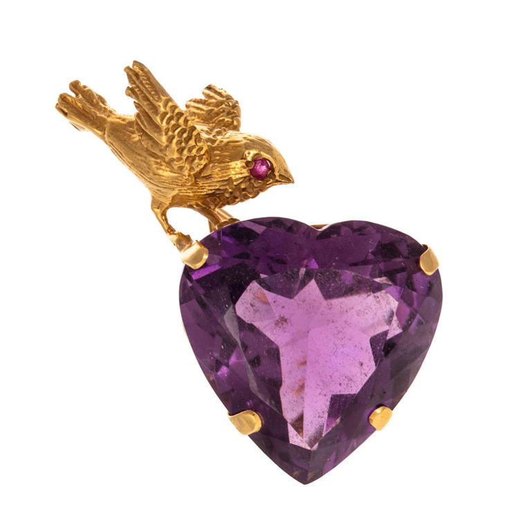 18k Yellow Gold Amethyst and Ruby Brooch