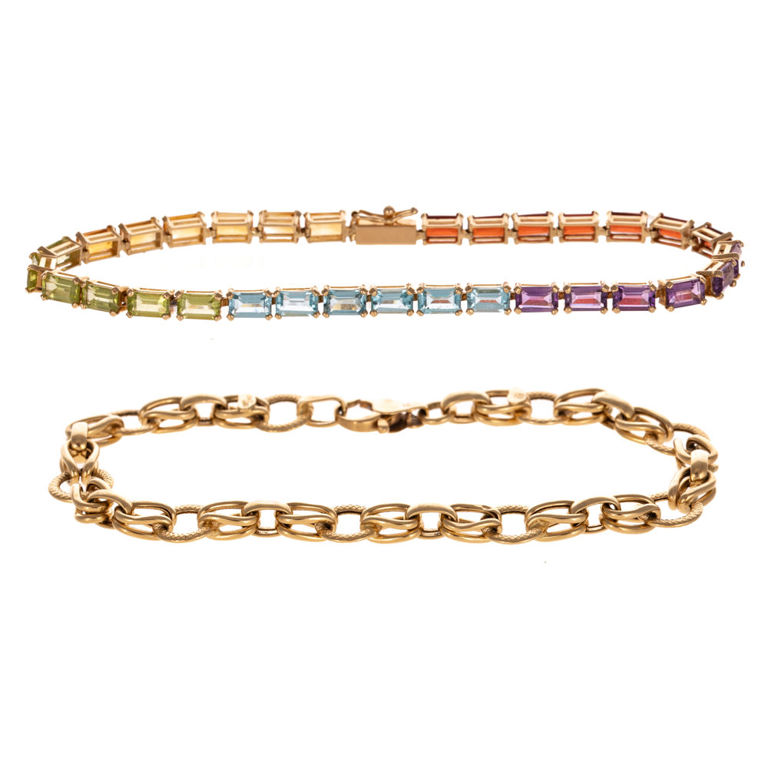 Two 14k Yellow Gold Multi-Gem Bracelets