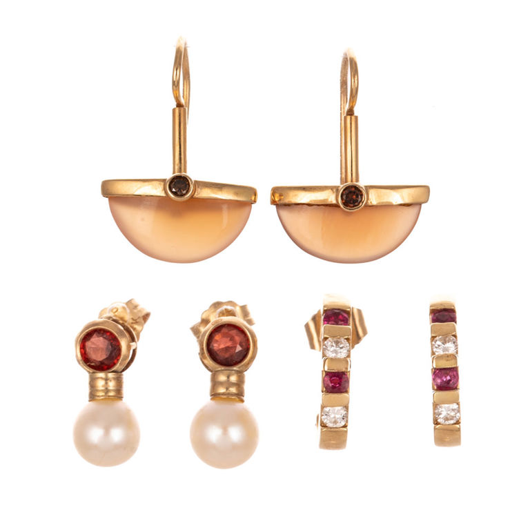 Three Pairs of 14k Yellow Gold Gemstone Earrings
