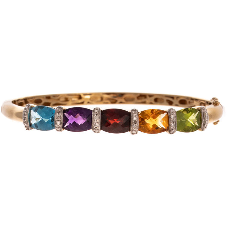 14k Yellow Gold Multi-Gemstone Hinged Bracelet