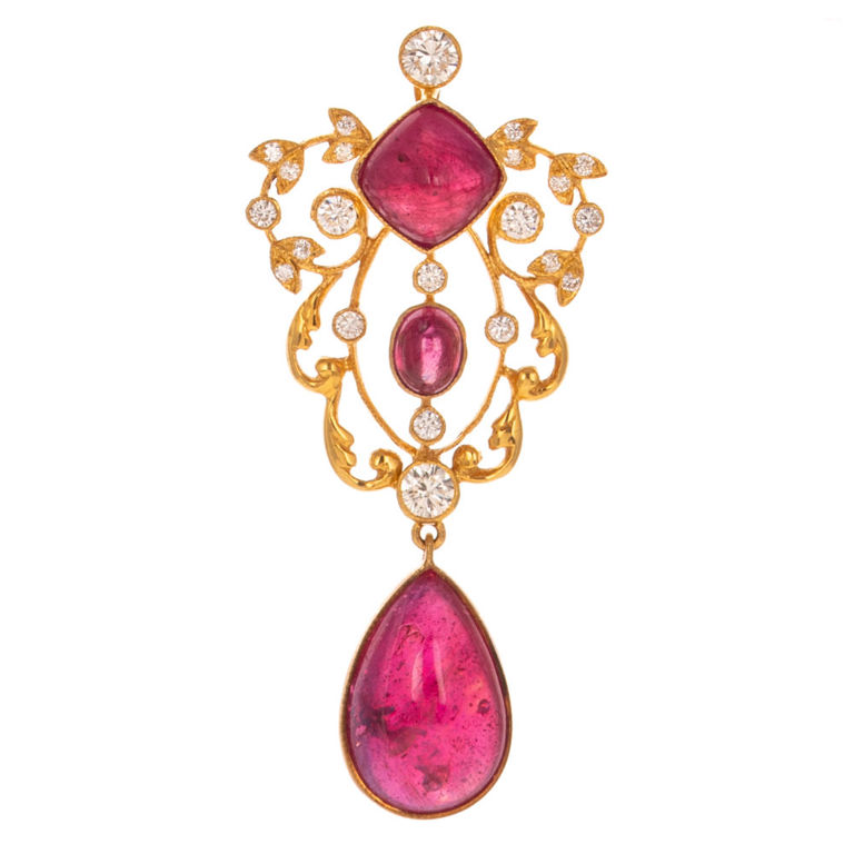 18k Yellow Gold Ruby and Diamond Drop Pendant