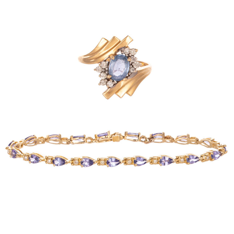 14k Yellow Gold Tanzanite and Diamond Jewelry Set