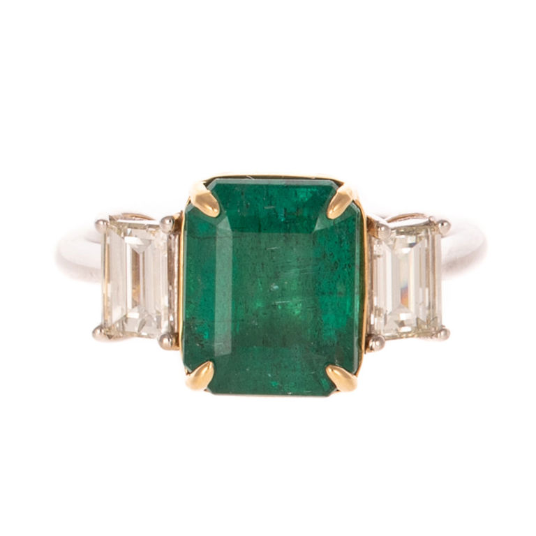 Platinum and 18k Gold Emerald and Diamond Ring