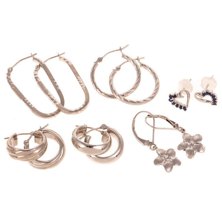 Six Pairs of 14k White Gold Earrings